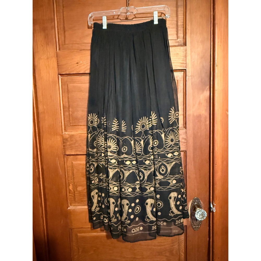Vintage Block Print Maxi Skirt Together Black Gold Rayon Boho Made in India M
